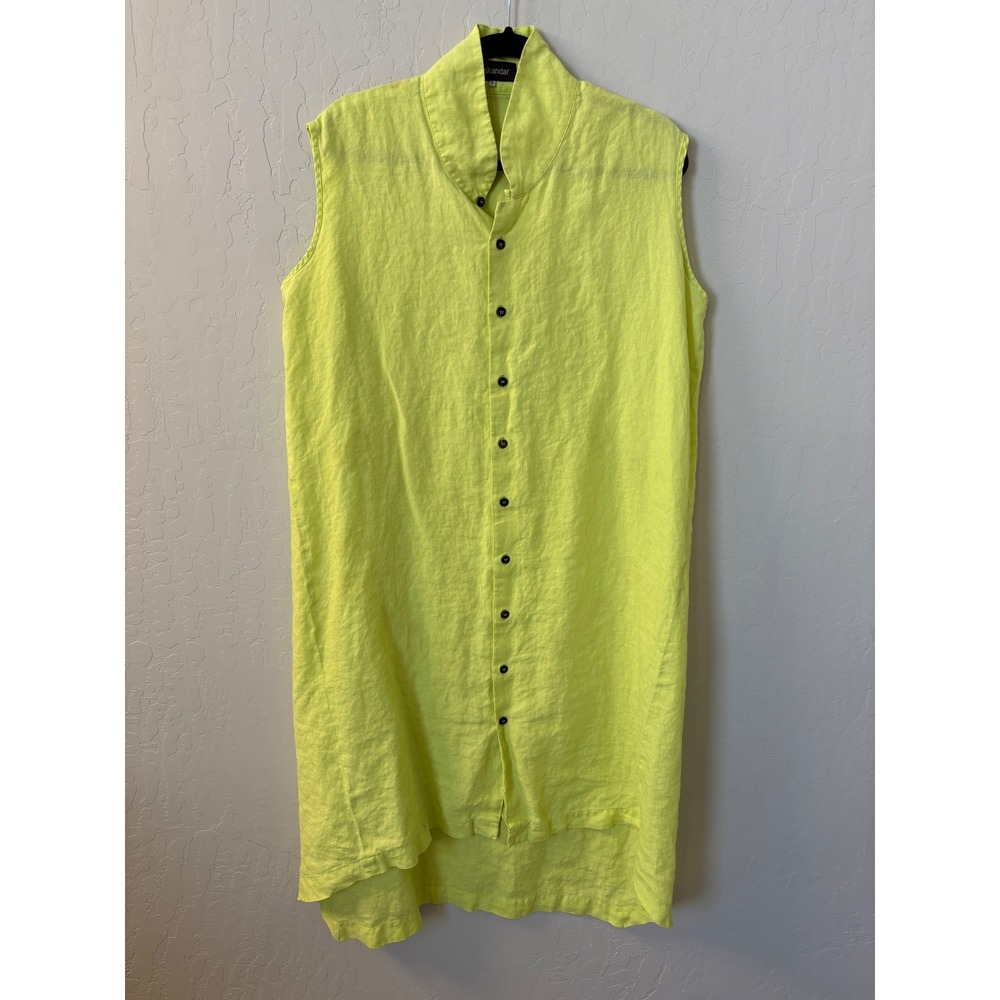 Eskandar‎ Linen Button Front Mandarin Collar Dress Chartreuse Green Sz 2